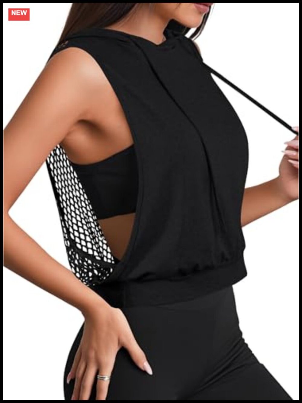 Sleeveless Hoodie Open Back Mesh Workout Top Gym Crop Tank